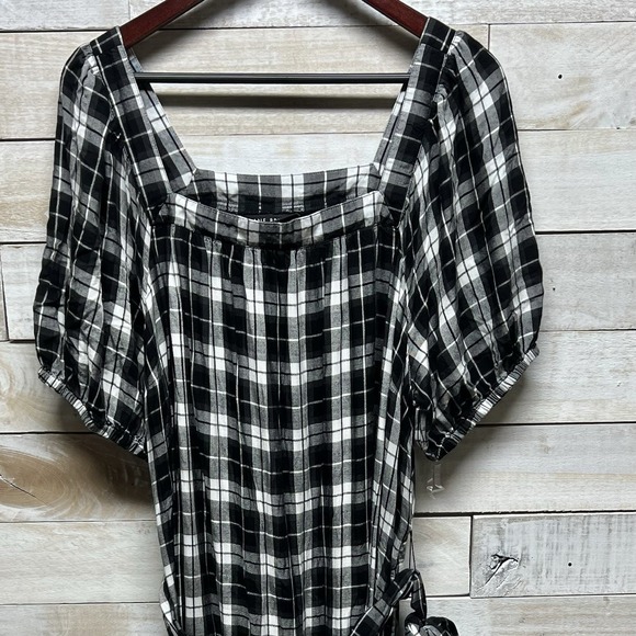 Lane Bryant Dress 18/20 Black White Flannel Plaid Square Neck Puff Sleeve Belted - Picture 4 of 10